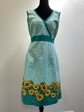 Mandala Design Cotton Polka Dot Dress, Floral Hem, Wrap Style, Size M (8)